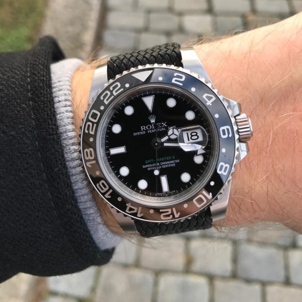 Black perlon watch strap with Rolex gmt master on wrist