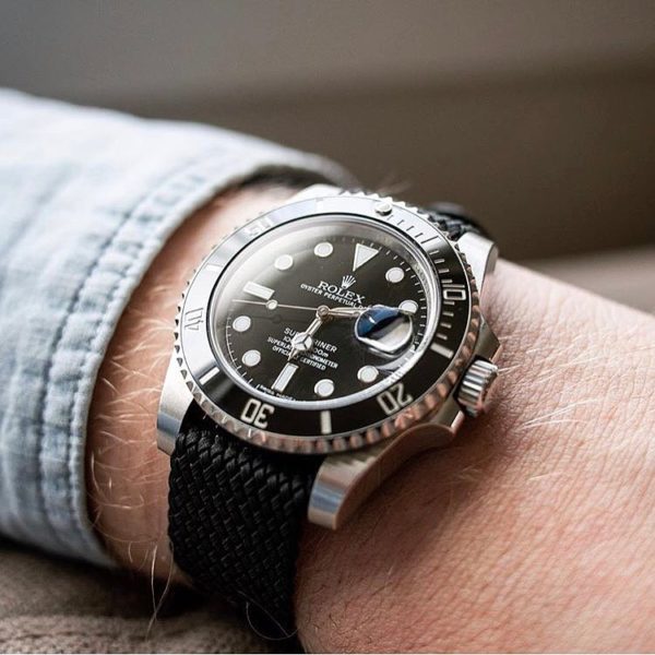 black perlon watch strap for rolex submariner on wrist