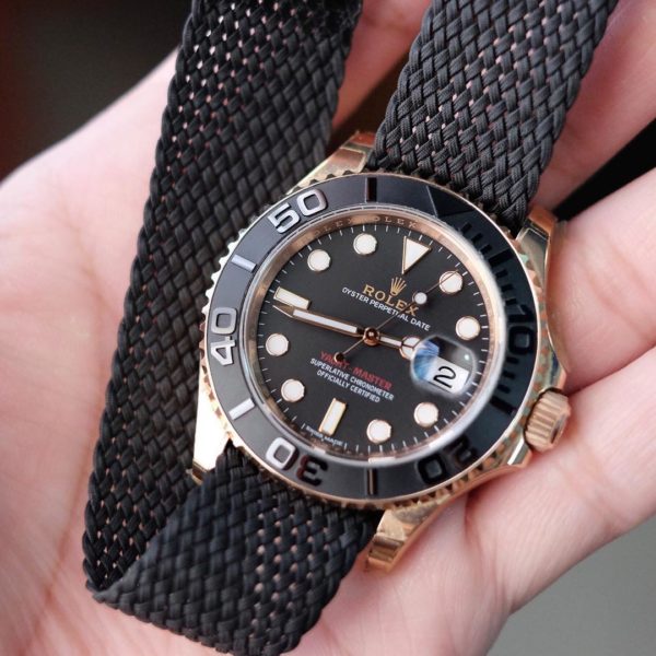 black perlon watch strap for rolex yachtmaster holding in the hand