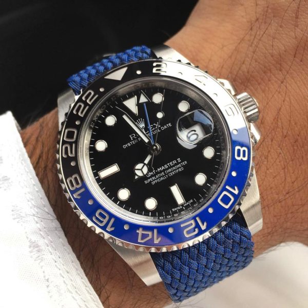 blue perlon watch strap with Rolex watch on wrist
