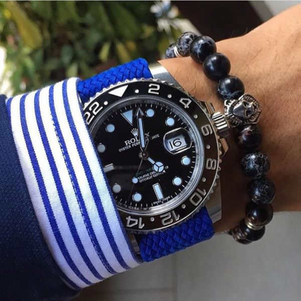 blue perlon watch band with Rolex gmt master