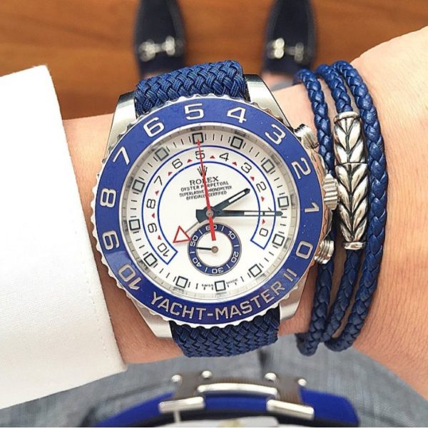 blue perlon watch strap with Rolex Oyster Perpetual watch on wrist