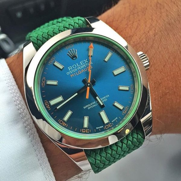 green perlon watch strap with Rolex watch on wrist